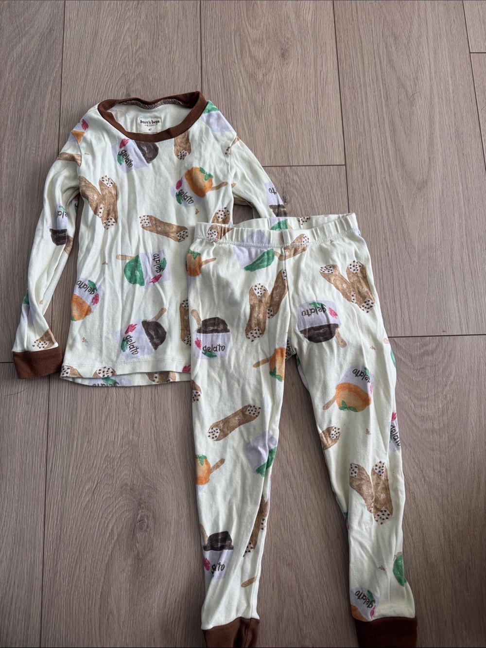 Kids Cream Gelato-Print Pajama Set with Brown Trim